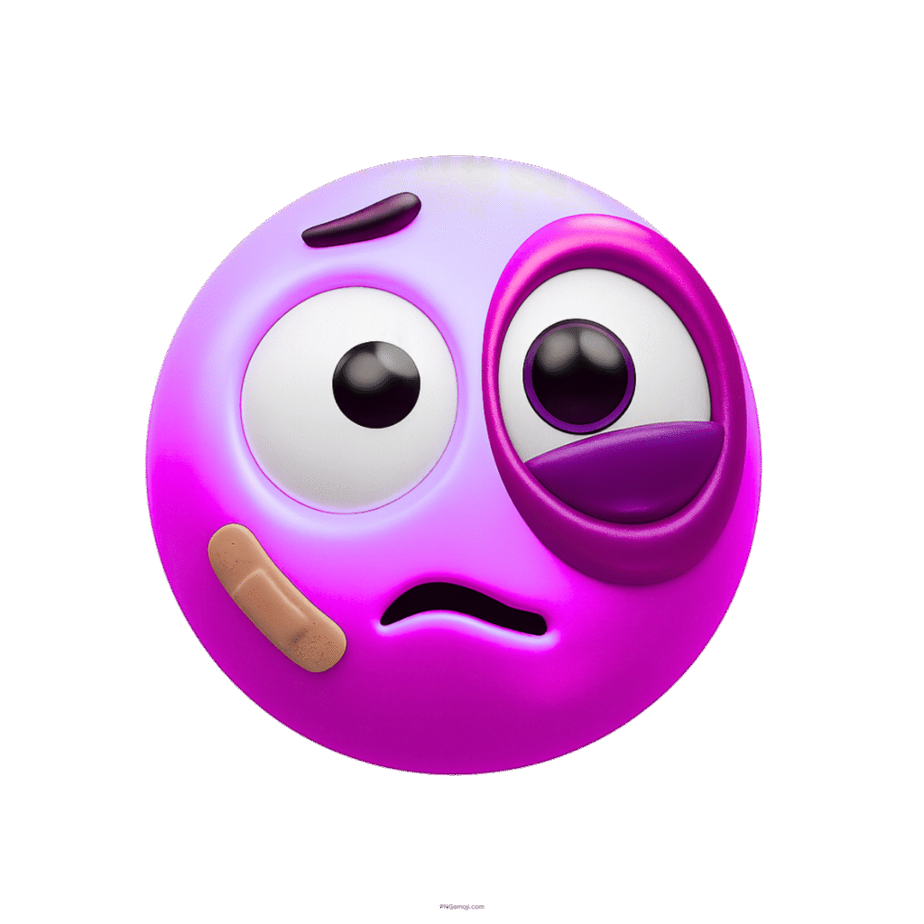 Purple emoji with black eye, bandage, and sad 3D cartoon expression