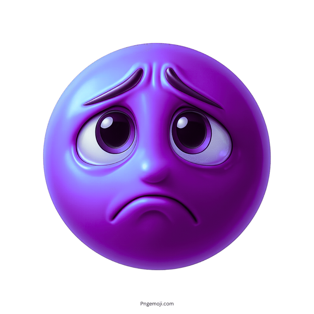 Glossy purple sad emoji with big teary eyes and sorrowful facial expression