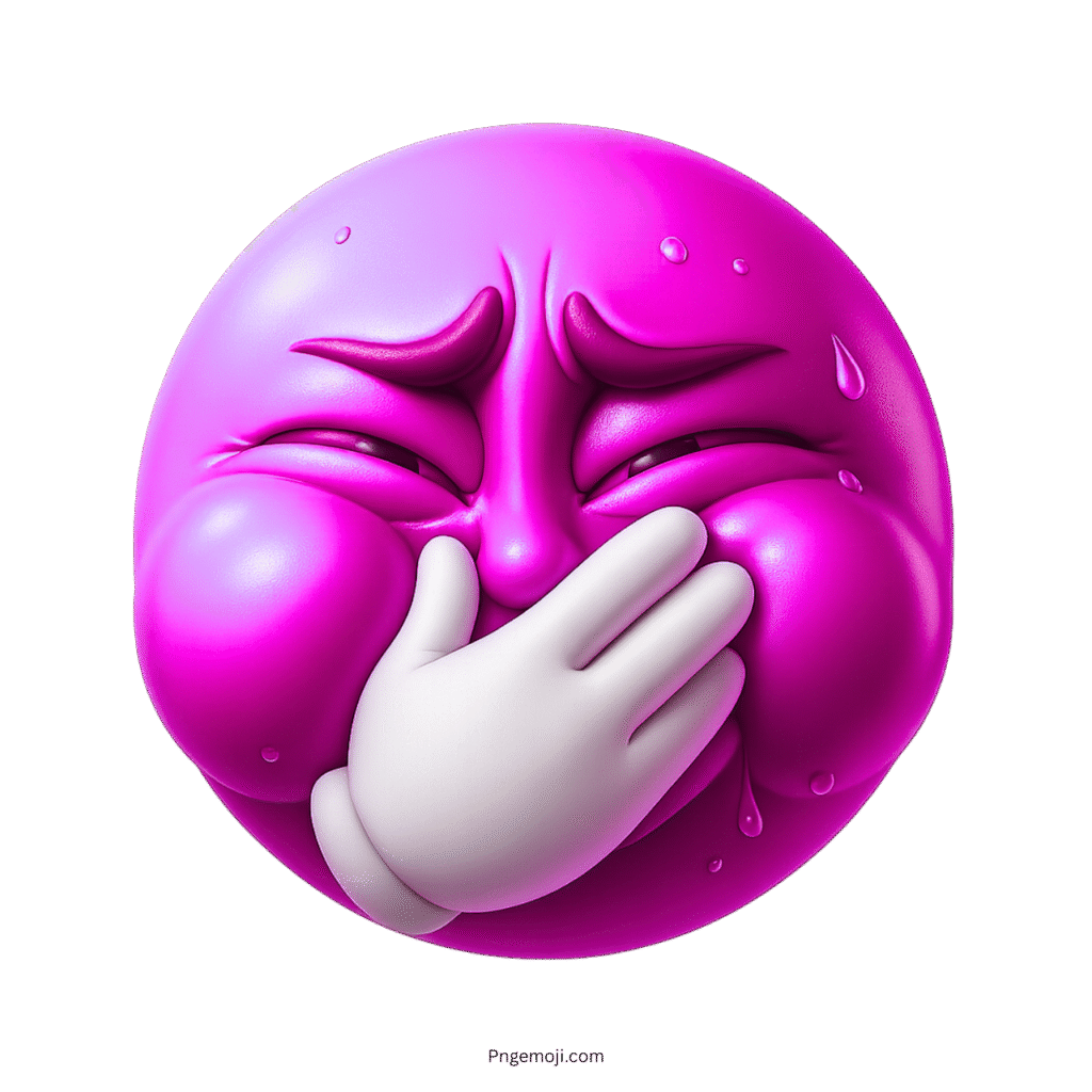 Purple emoji face holding mouth with hand, expressing intense nausea and discomfort.