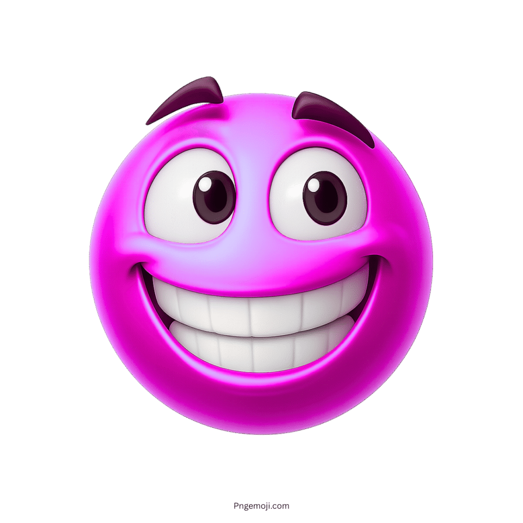 Vibrant purple 3D emoji with wide smile and playful raised eyebrows