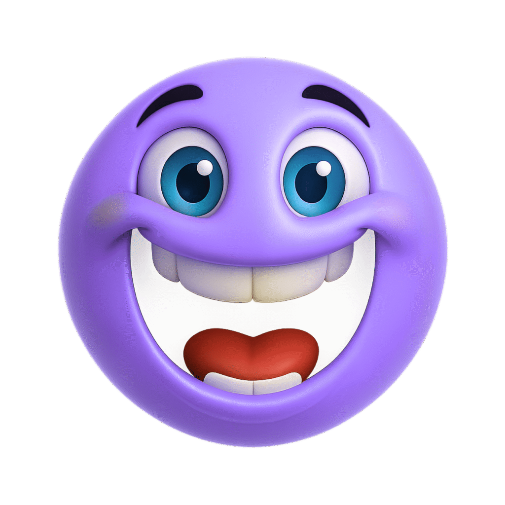 Purple 3D emoji face with big smile, blue eyes, and joyful cartoon expression