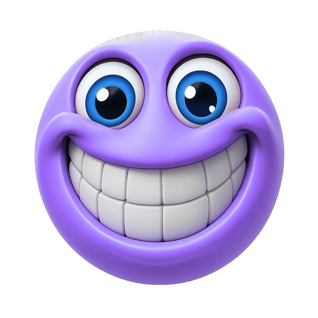 Purple emoji with a huge toothy grin and bright blue cartoon eyes