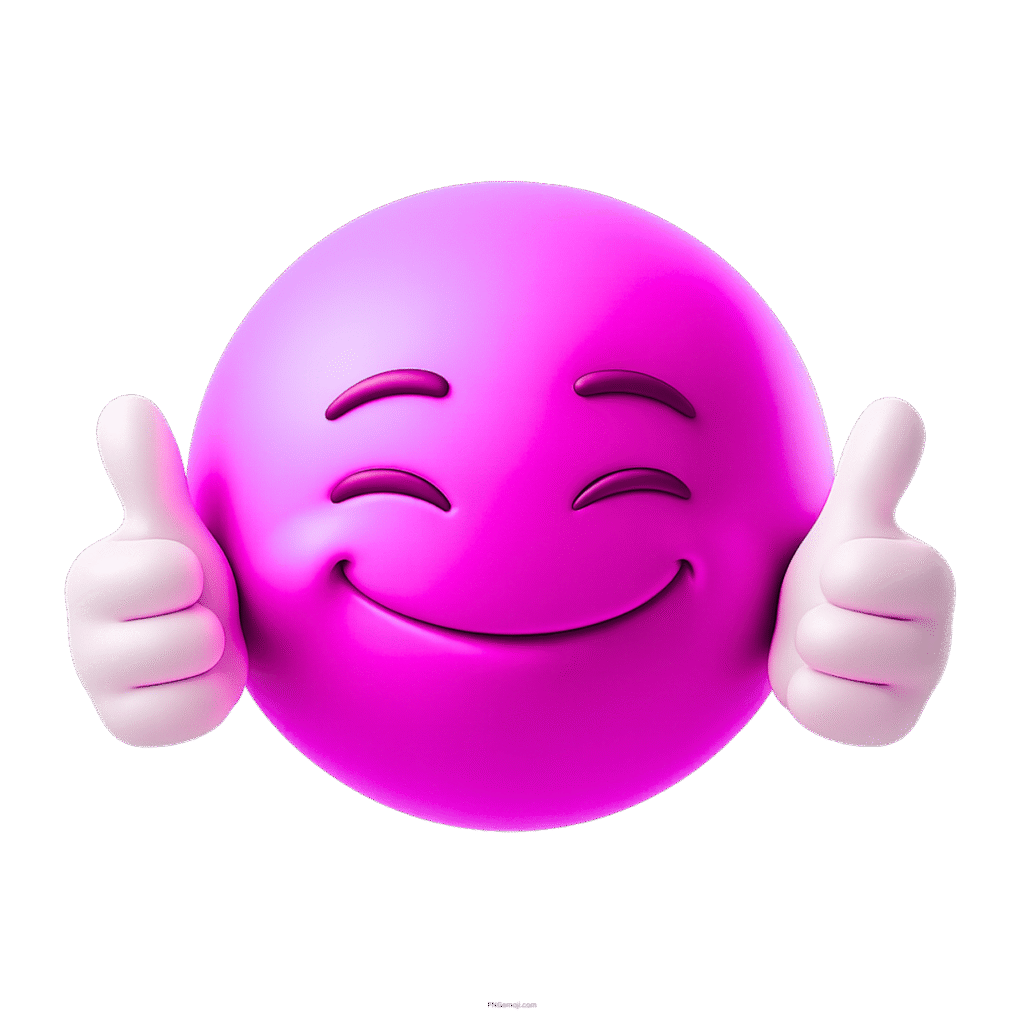 Purple happy emoji face giving cheerful double thumbs up with a warm smile