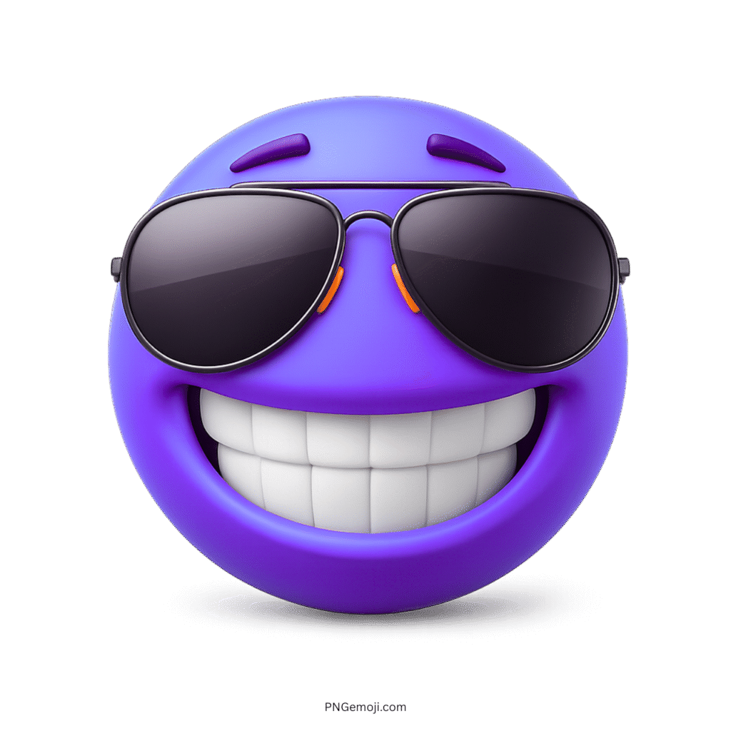 Purple smiling emoji with sunglasses showing stylish and cheerful 3D expression