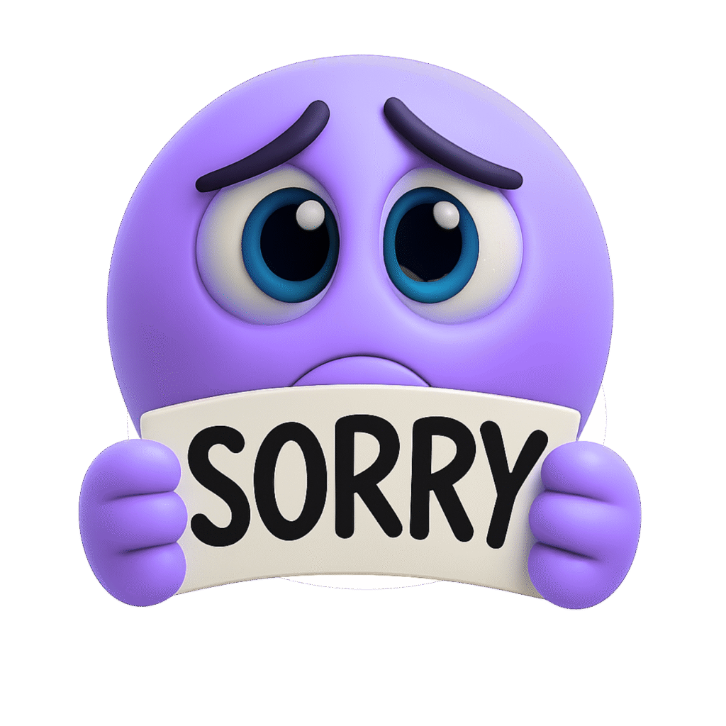 Purple emoji with sad eyes holding a sorry sign to express regret or apology.