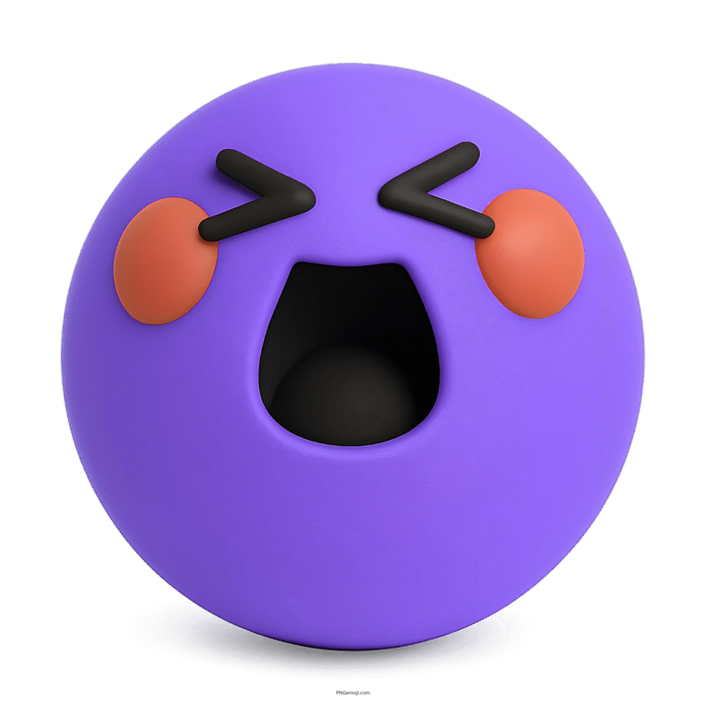 3D purple TikTok happy emoji with cute blushing cheeks and funny joyful expression
