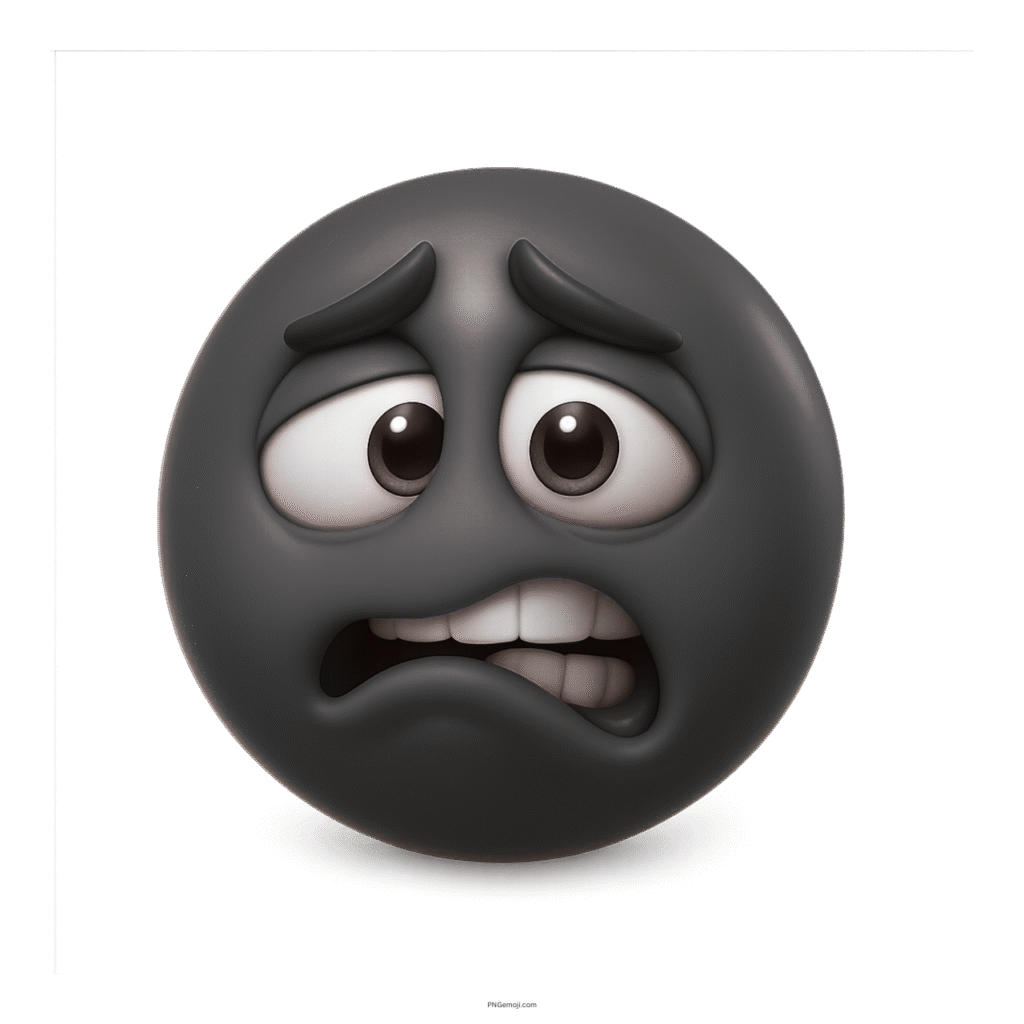 3D black emoji with worried eyes and trembling lip showing nervous expression
