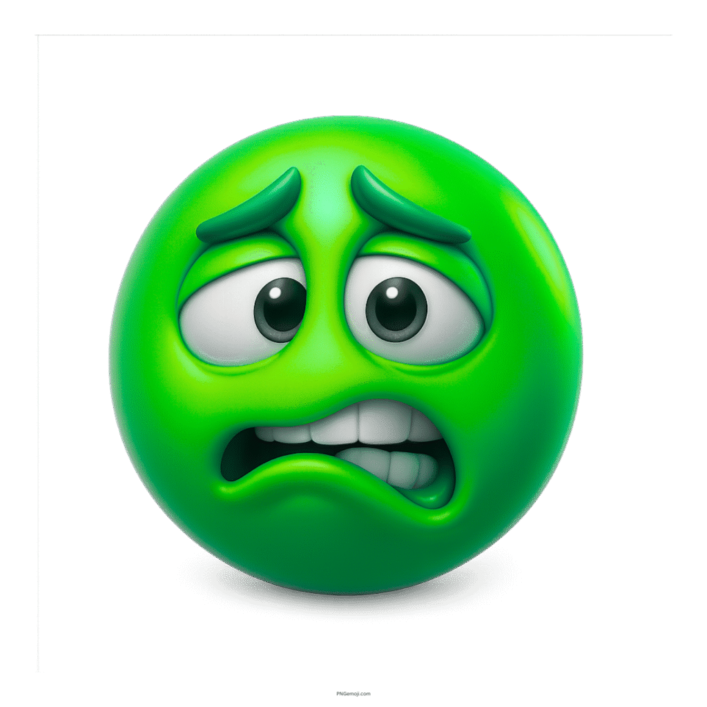3D green emoji with worried eyes and trembling mouth showing anxious facial reaction