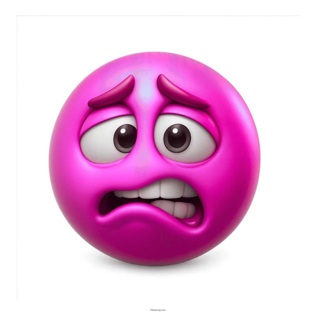 3D pink emoji with nervous expression and trembling lip showing fear and stress