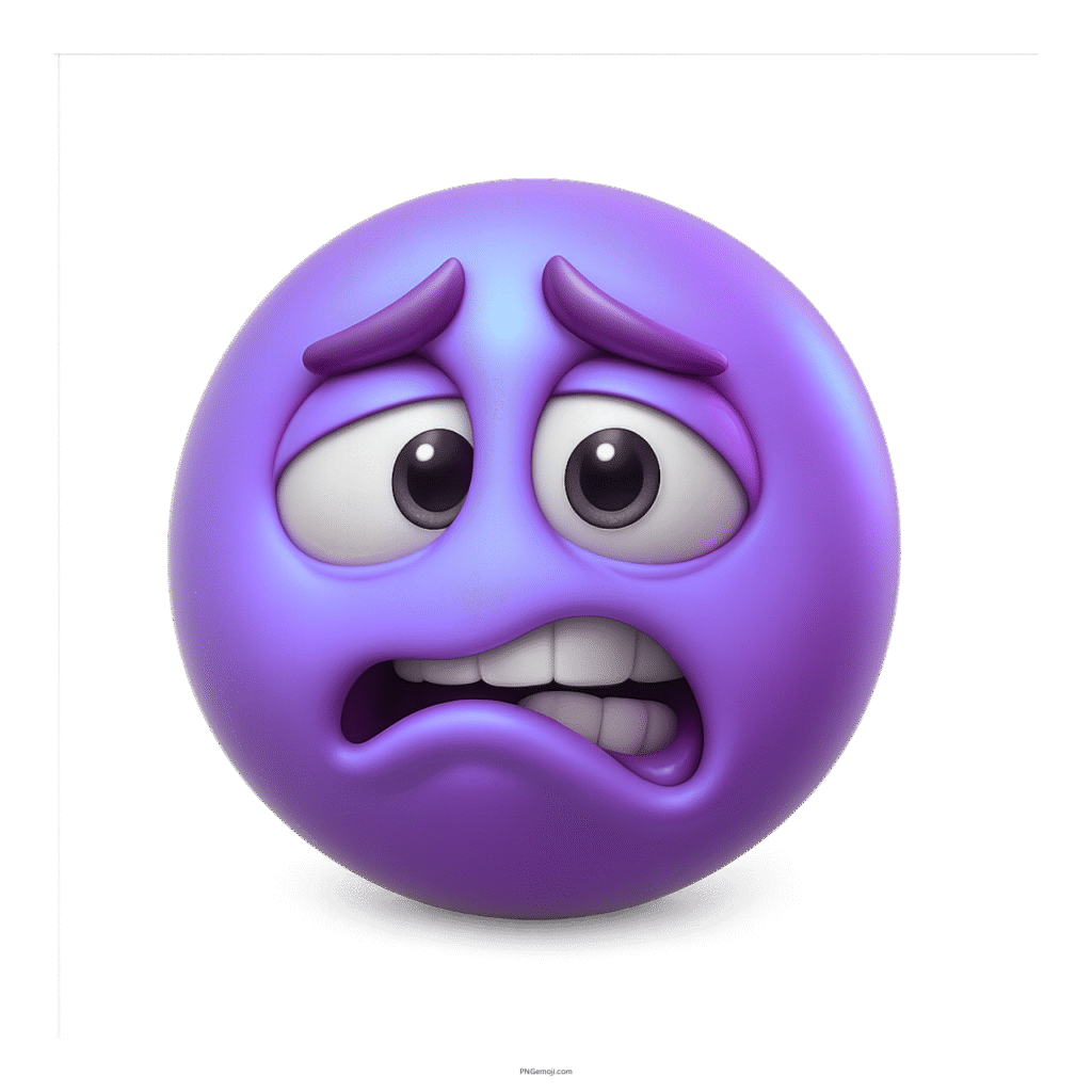 3D purple emoji with scared eyes and quivering lip expressing panic or anxiety