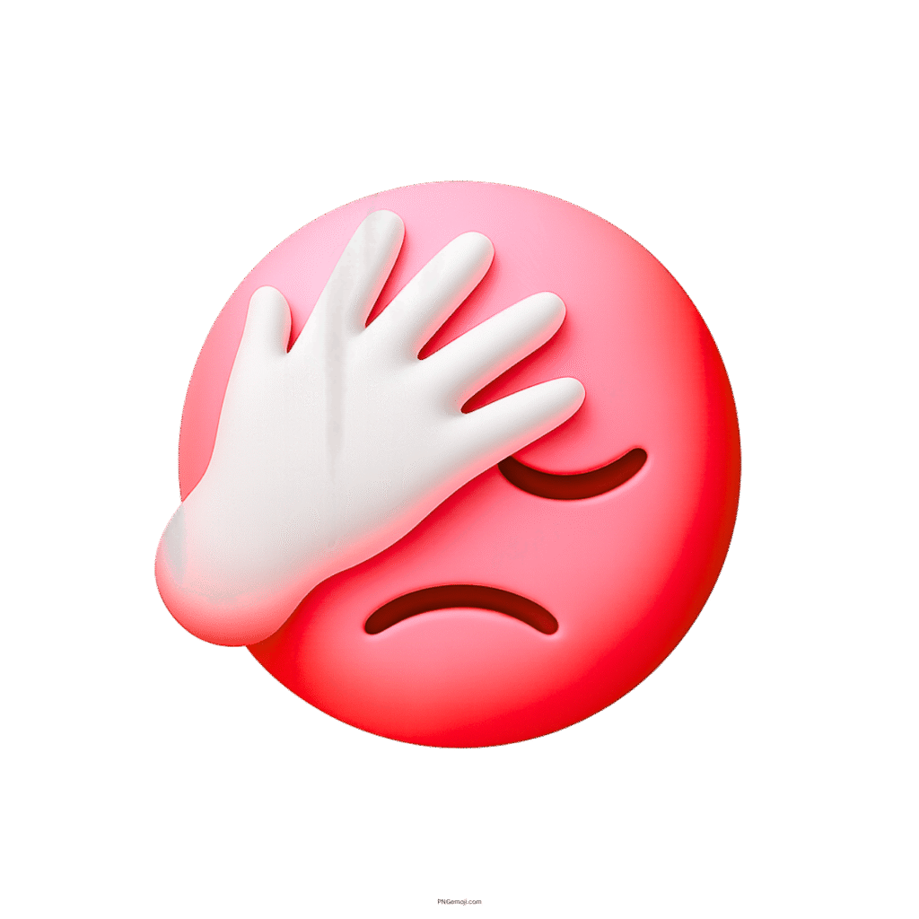 Red 3D facepalm emoji with white hand showing sadness and frustration