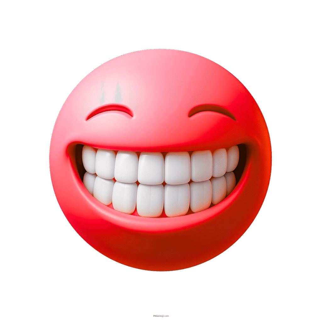 3D red emoji face with bright white teeth and cheerful closed smiling eyes