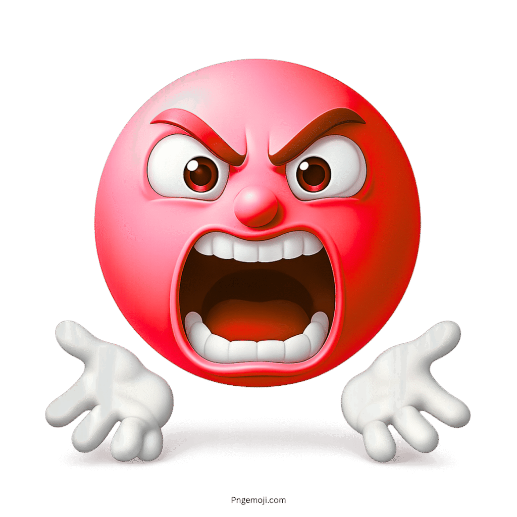 Red emoji yelling with angry expression and raised white cartoon hands