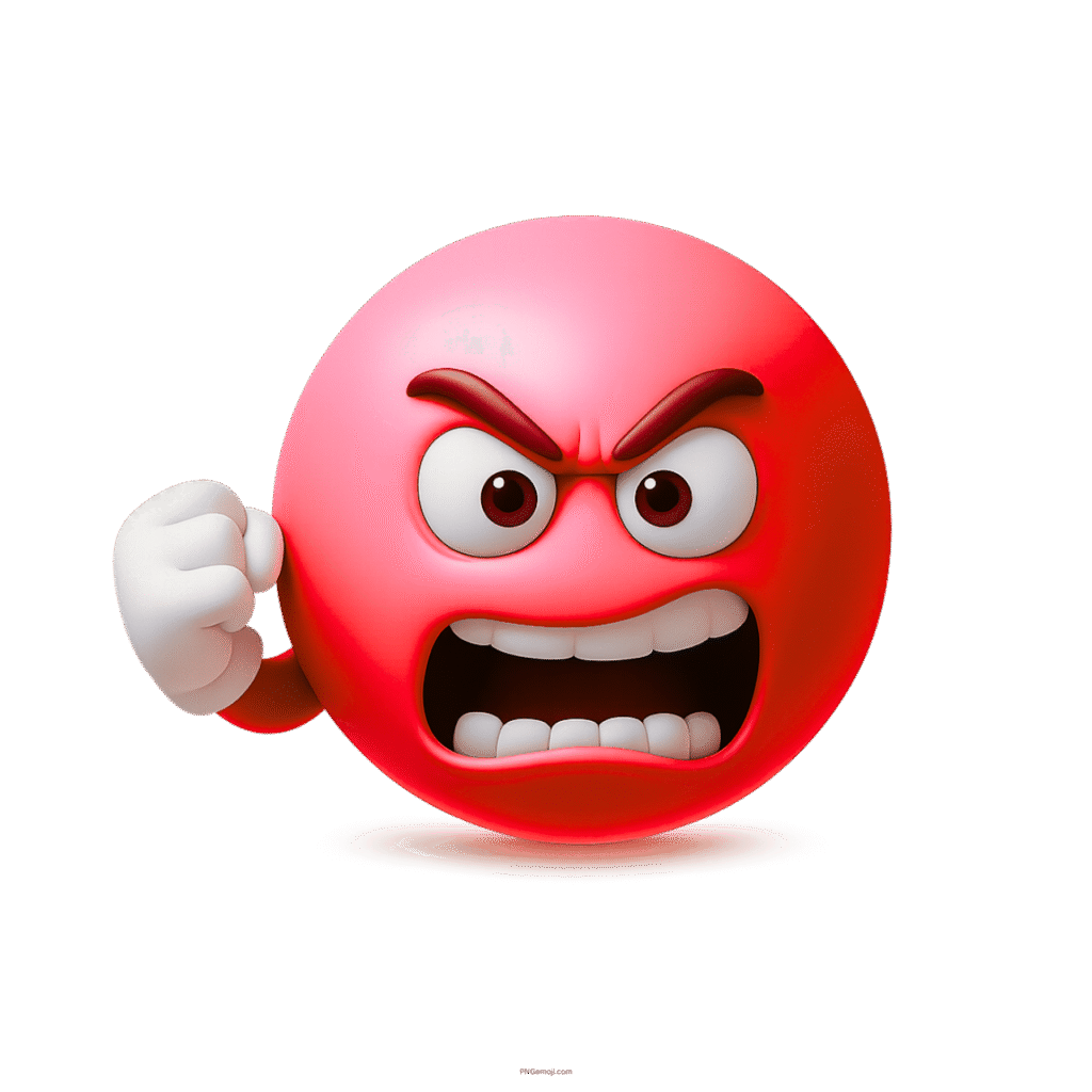 3D red emoji angrily shaking fist with aggressive facial expression in cartoon style