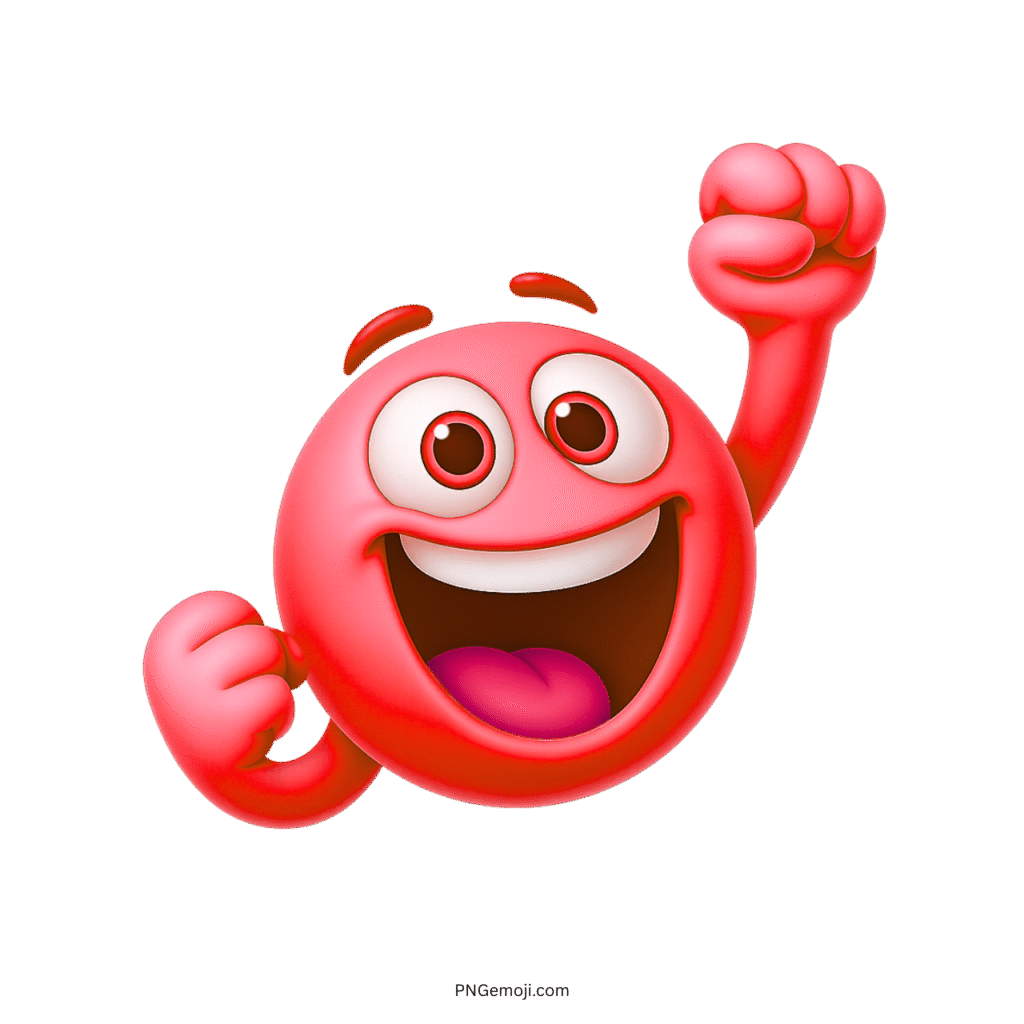 3D red cheering smiley emoji with happy face and raised fist celebration pose