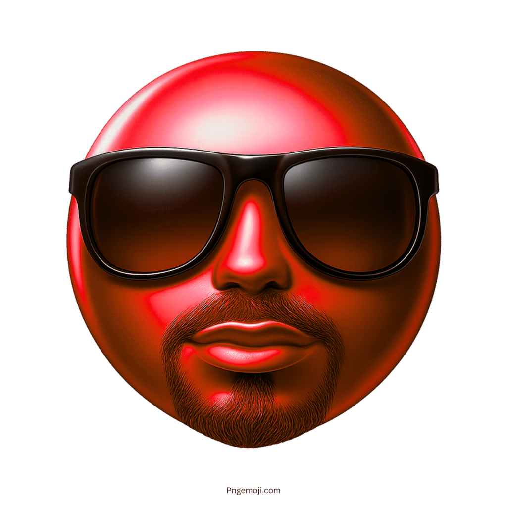 Bold red emoji with beard and black sunglasses in shiny 3D cartoon style