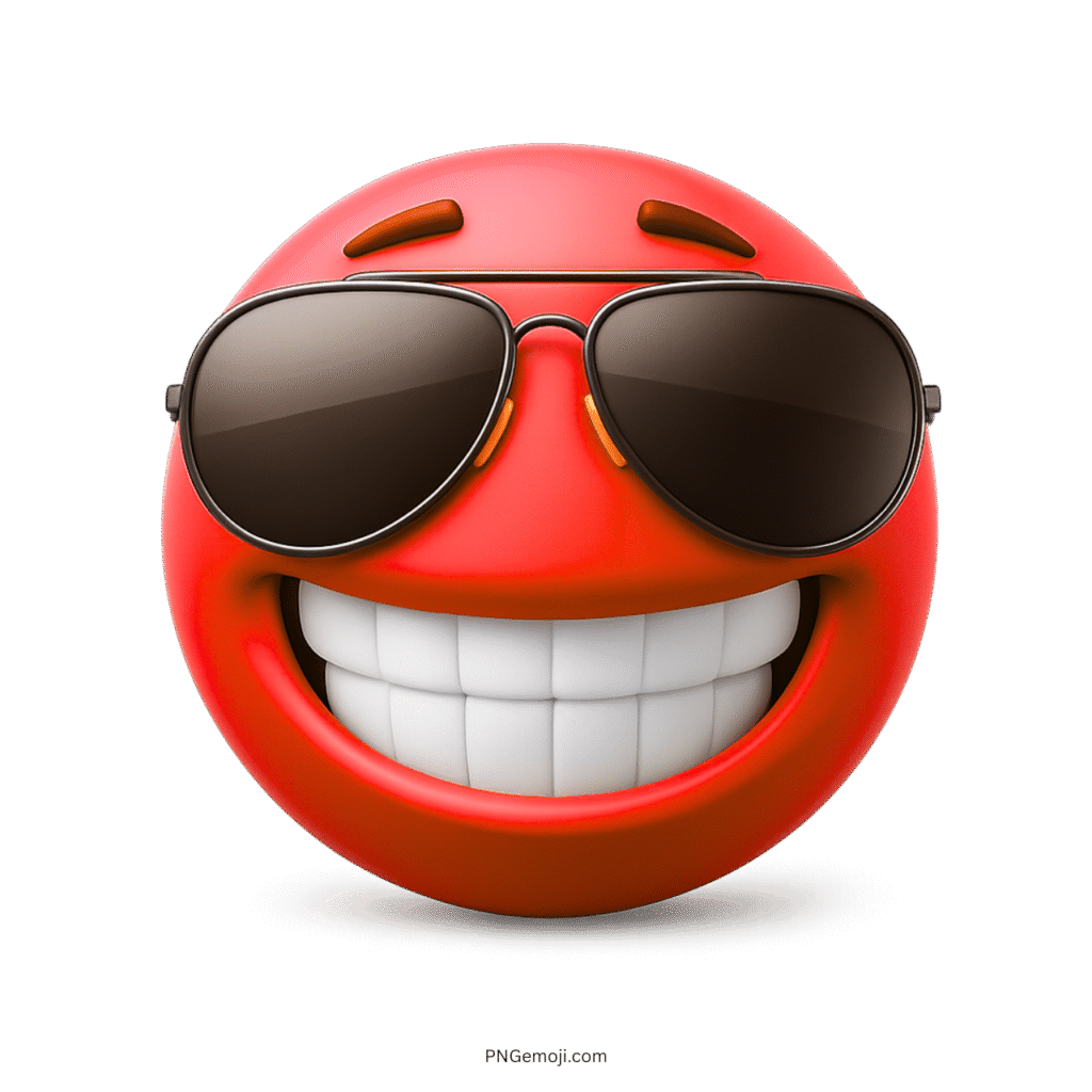 Red 3D smiley emoji with sunglasses and wide teeth smile on transparent background