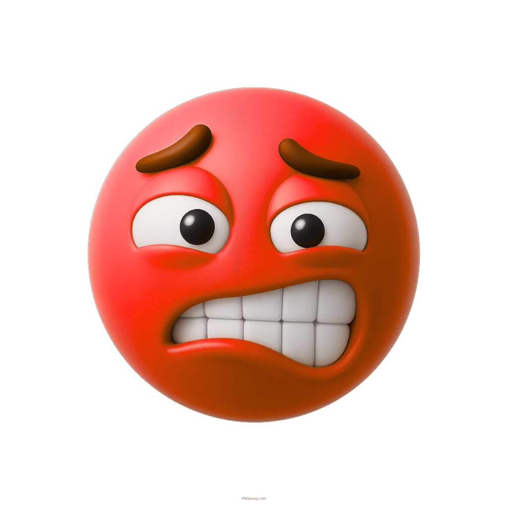 Red cringed emoji with awkward smile, raised eyebrows, and anxious 3D expression.