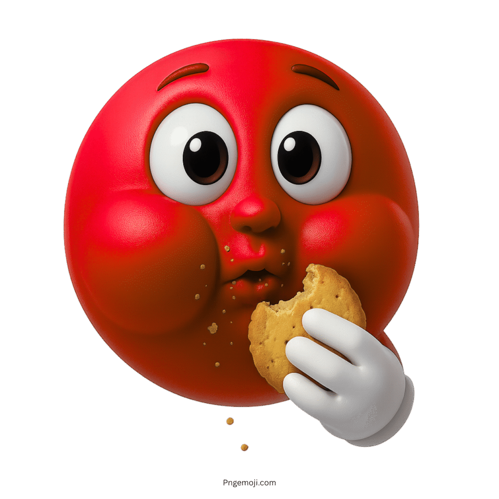 Red emoji with puffed cheeks eating cookie and looking innocently surprised