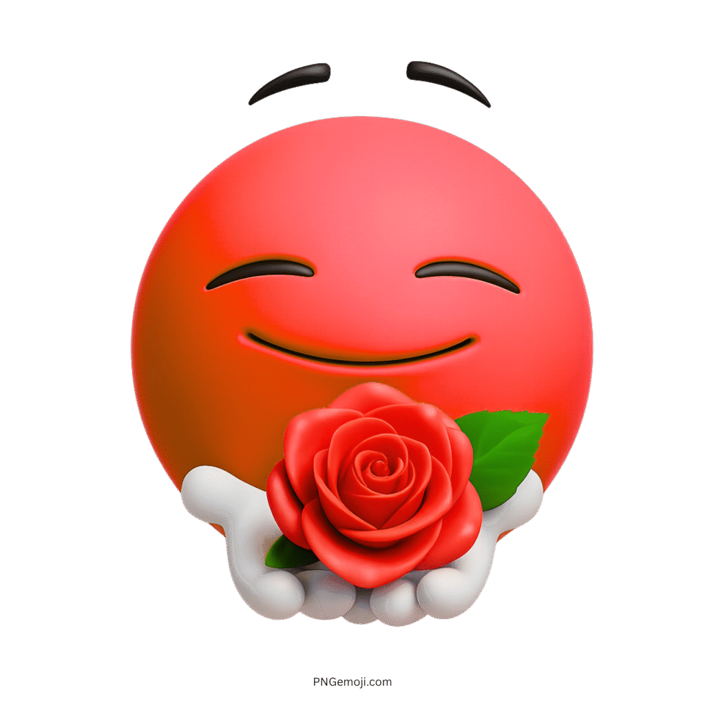 3D red emoji offering red rose with warm and loving smile