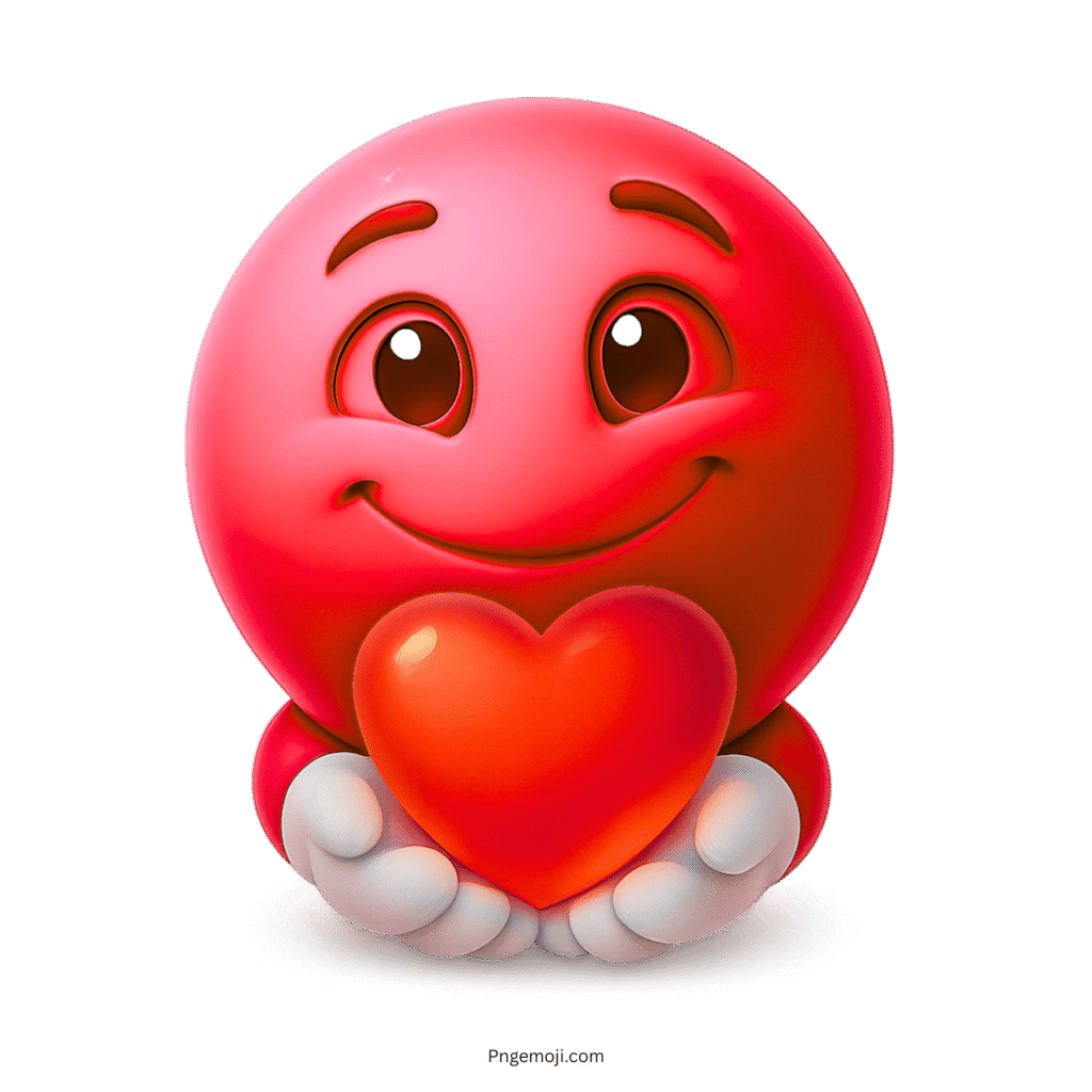 Red smiling emoji holding bright heart showing love, affection, and happiness