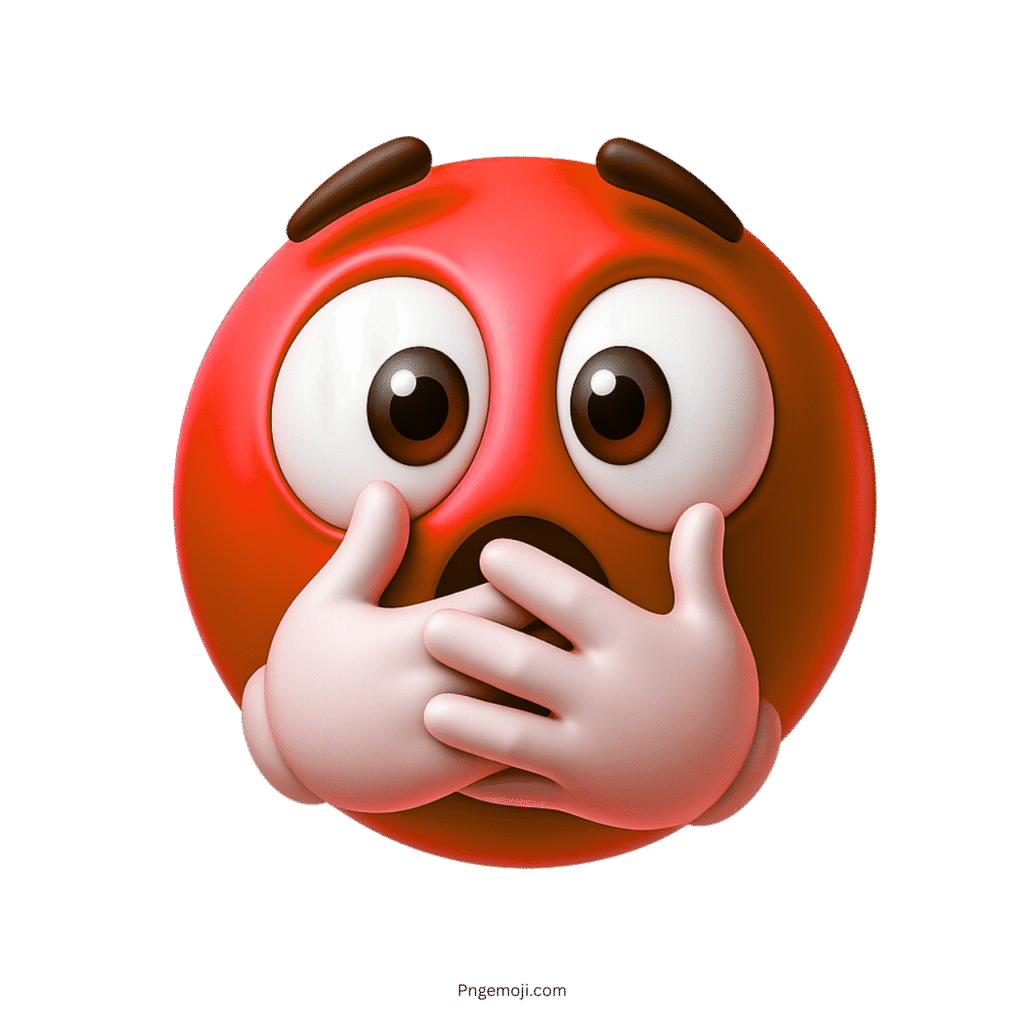 Red emoji face with wide shocked eyes and white hands covering mouth in fear
