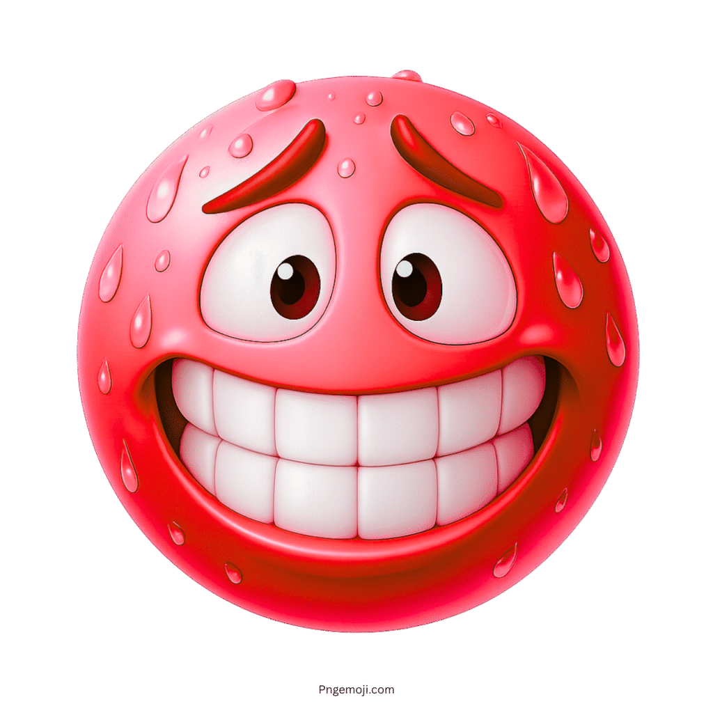 Red 3D emoji with nervous smile, sweat drops, glossy surface, and big eyes