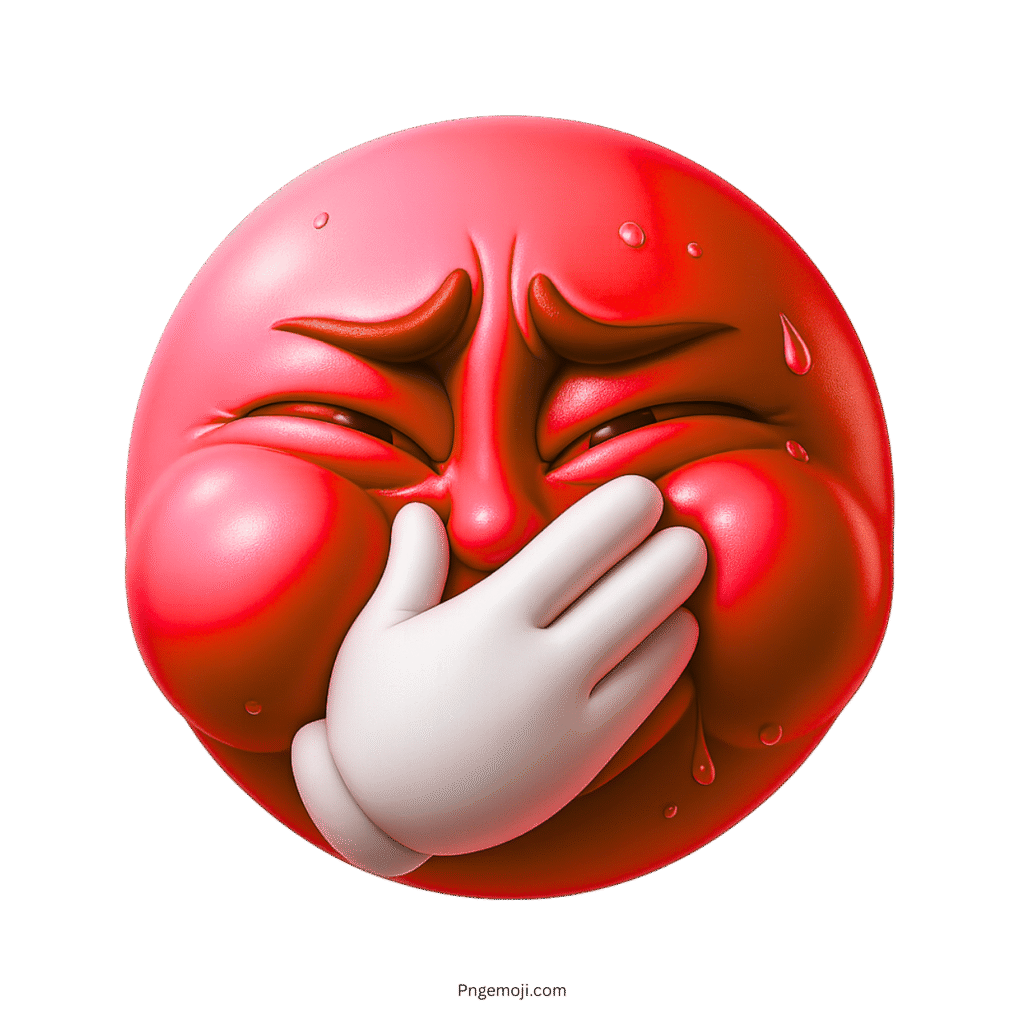 Red emoji with puffed cheeks covering mouth, sweating from intense nausea or disgust.