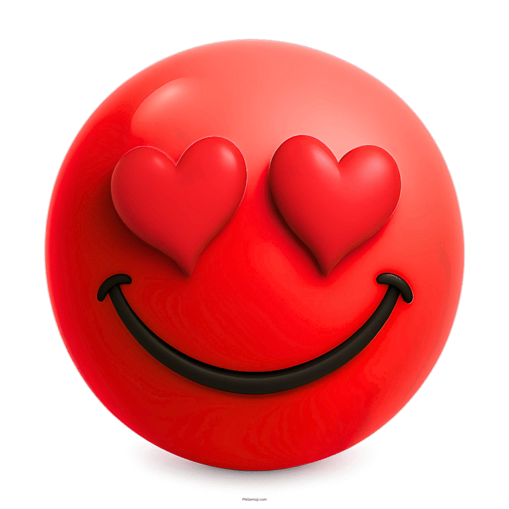 3D red emoji with heart-shaped eyes and a wide smiling face