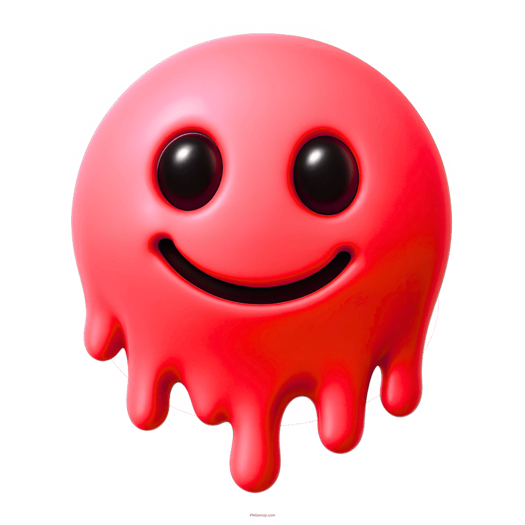 3D red melting smiley emoji with shiny black eyes and dripping gooey texture