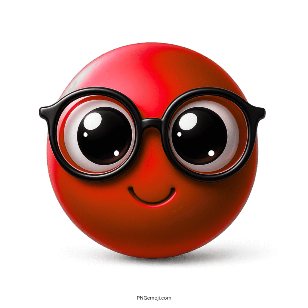 Red emoji face with nerd glasses and expressive glossy cartoon-style eyes