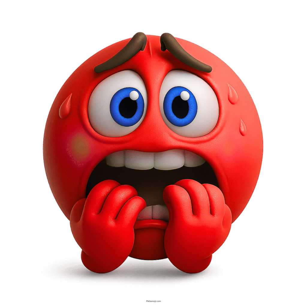 Red scared emoji with blue eyes sweating and nervously biting its nails