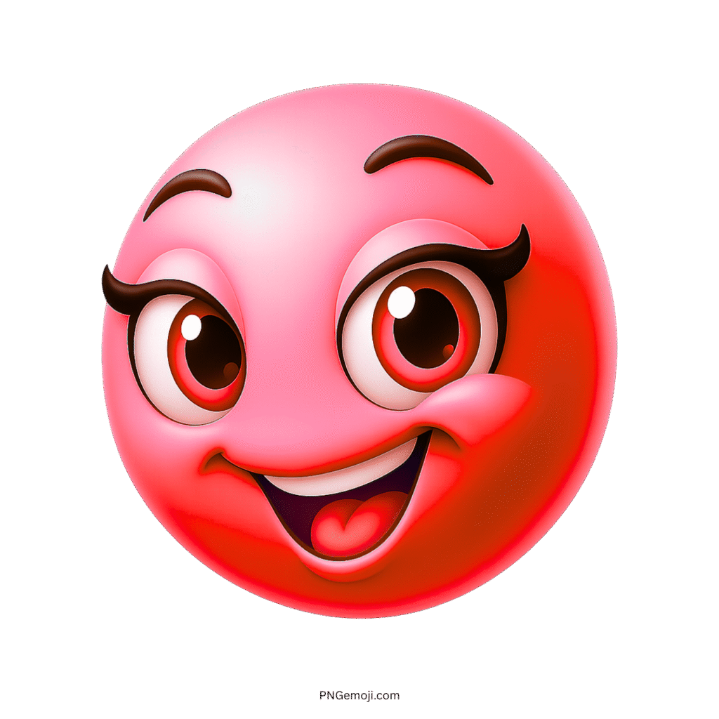 Red pink 3D smiley emoji with big eyes and glowing joyful face expression