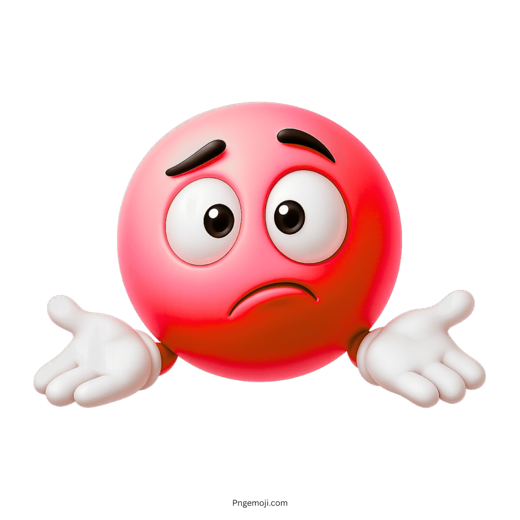 3D red shrug emoji with confused face and white-gloved hands raised on transparent background