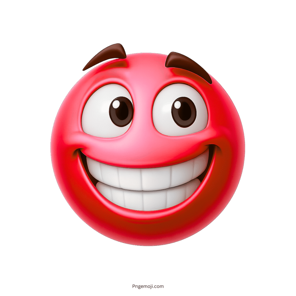Red 3D emoji with big smile and high-arched eyebrows on a glossy surface