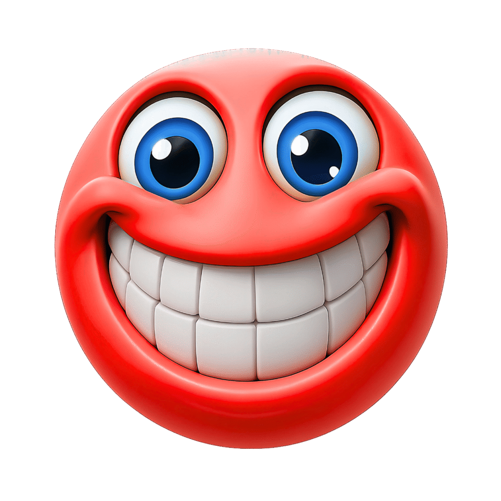 Red cartoon emoji face with wide smile and bright blue animated eyes