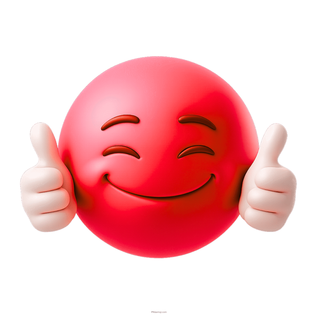 Red smiley emoji with happy face giving a double thumbs up gesture