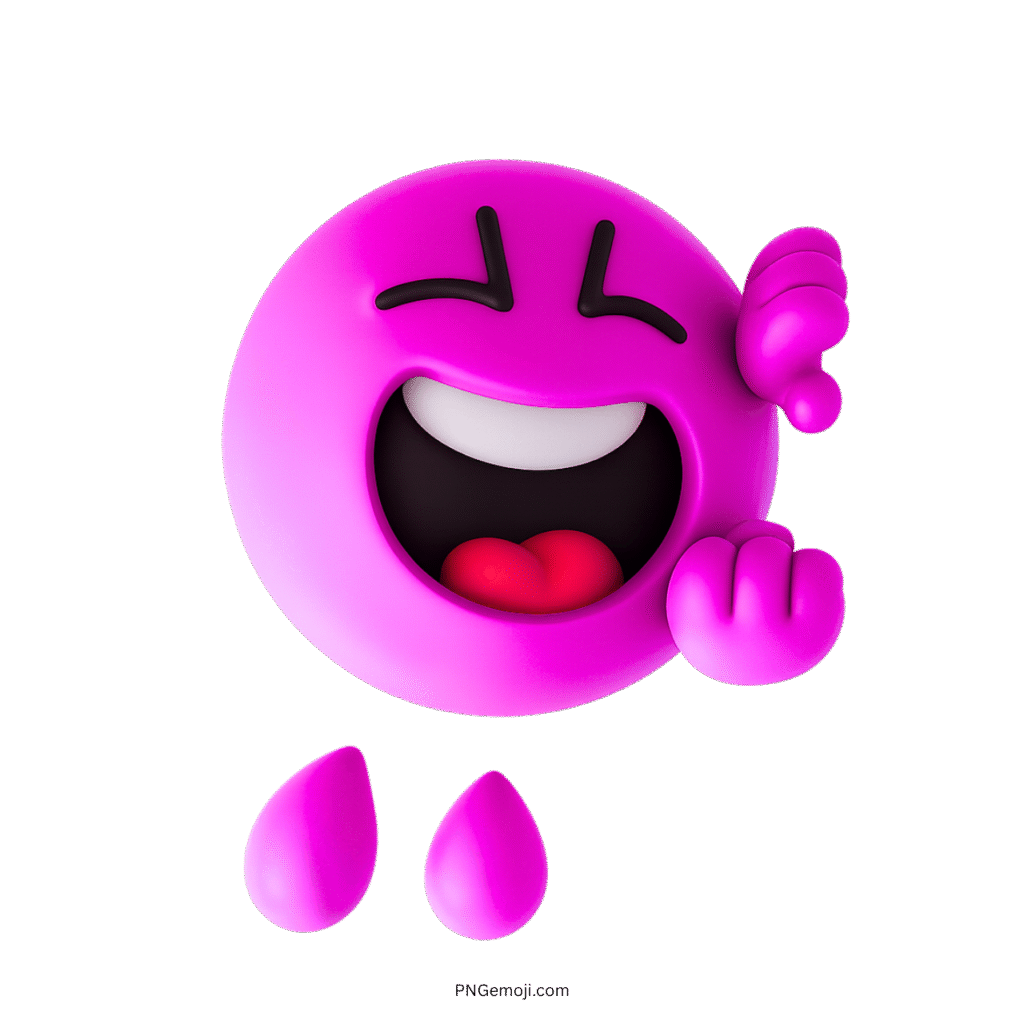 Purple 3D emoji laughing loudly with teardrops and expressive clenched hands