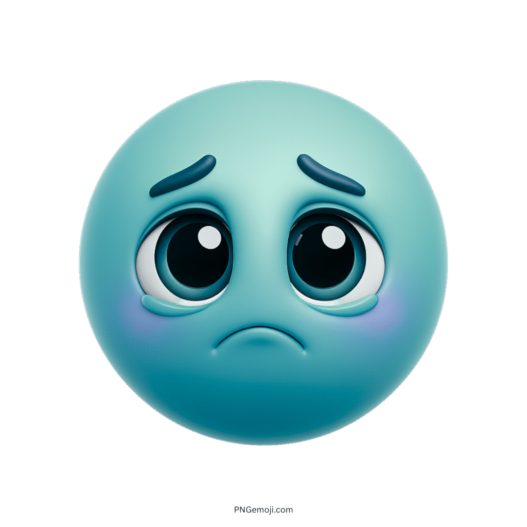 3D aqua blue sad emoji with glossy eyes and emotional face expression
