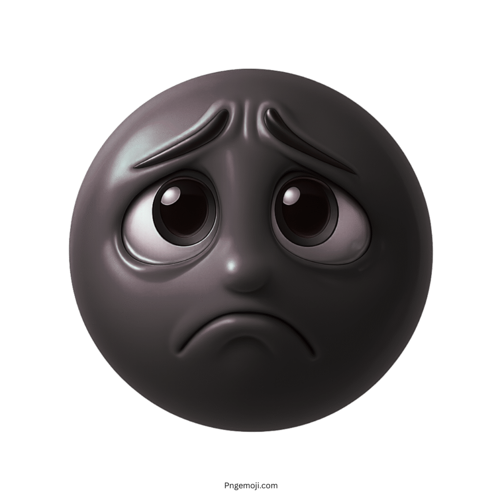 3D sad black emoji with glossy surface, downturned eyes, and a sorrowful frown