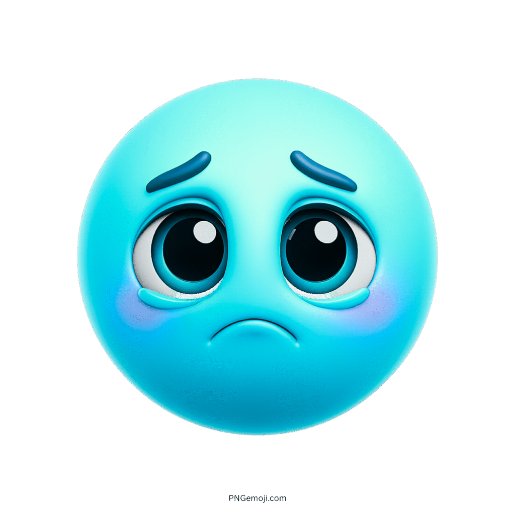 3D sad blue emoji with big eyes and teardrop expression face