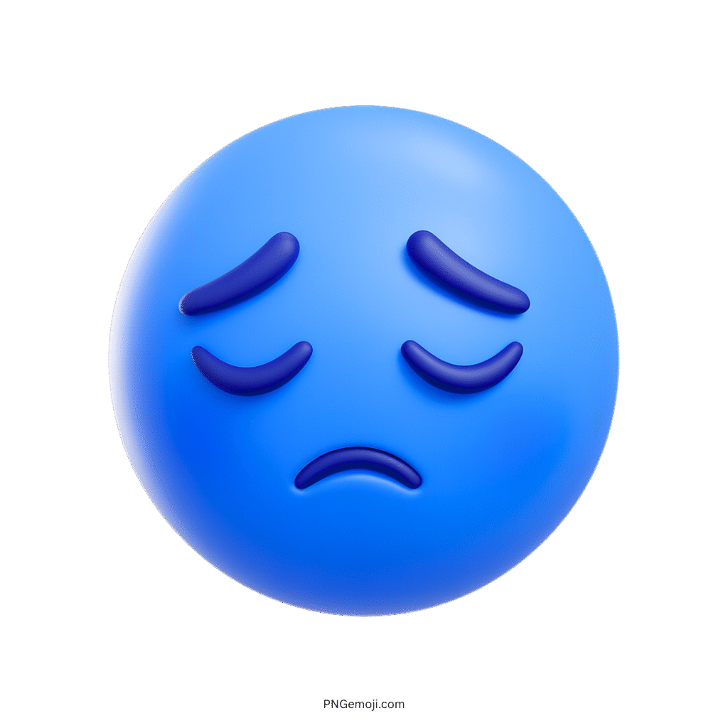 3D sad blue emoji face with frown and closed eyes on transparent background