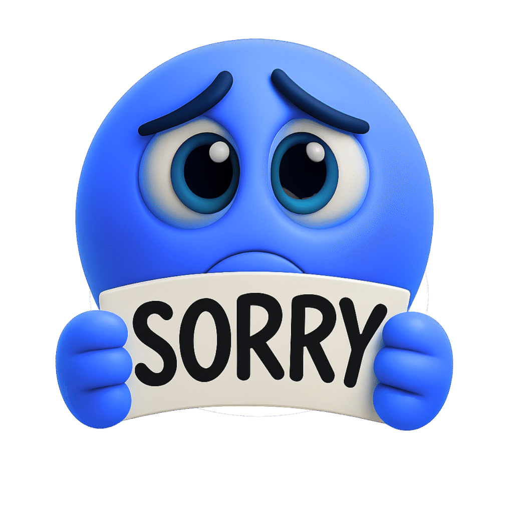 Sad blue emoji holding a “SORRY” sign expressing regret and apology in 3D style.