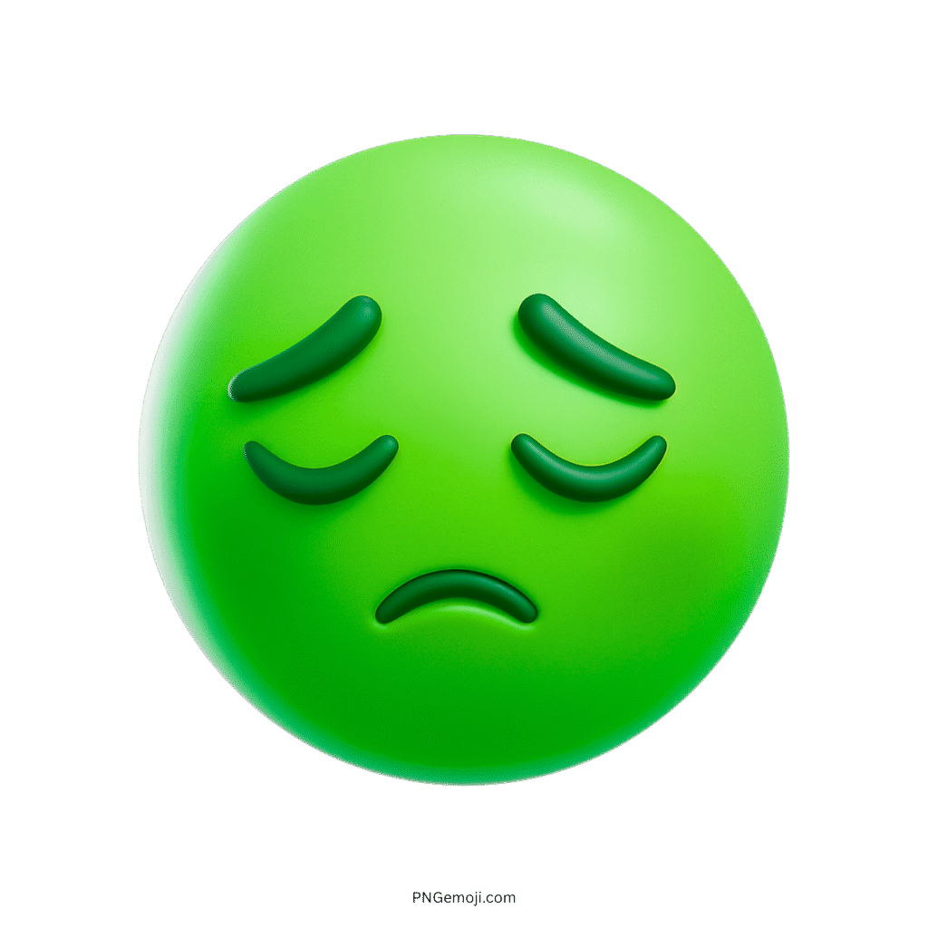 3D sad green emoji with frowning mouth and sad eyes, transparent background