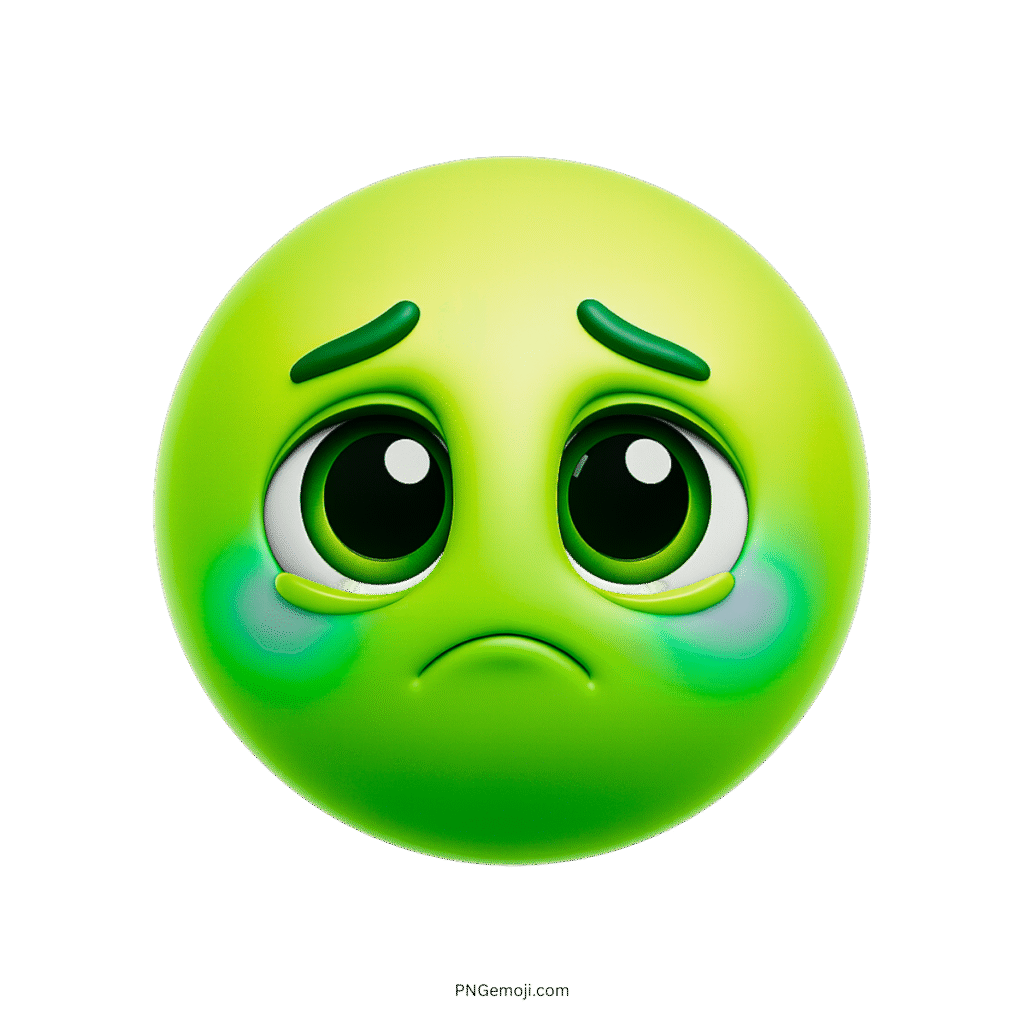 3D green sad emoji with big watery eyes and frown face