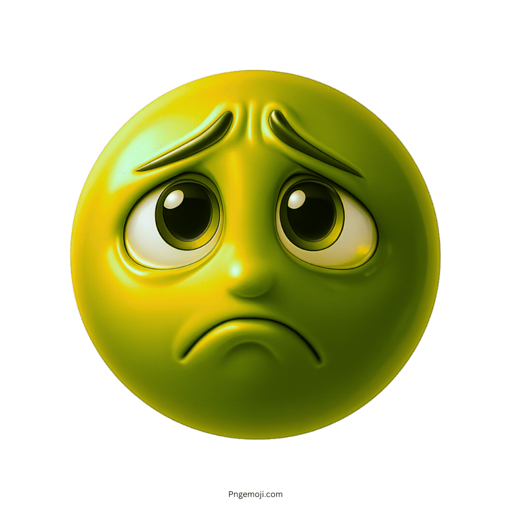 3D green sad emoji with glossy face, frown, and sorrowful expressive eyes