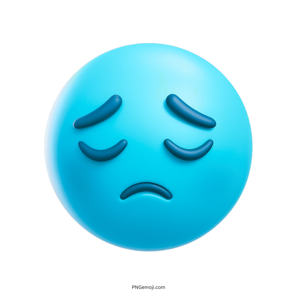3D sad light blue emoji with frown and curved eyebrows on transparent background