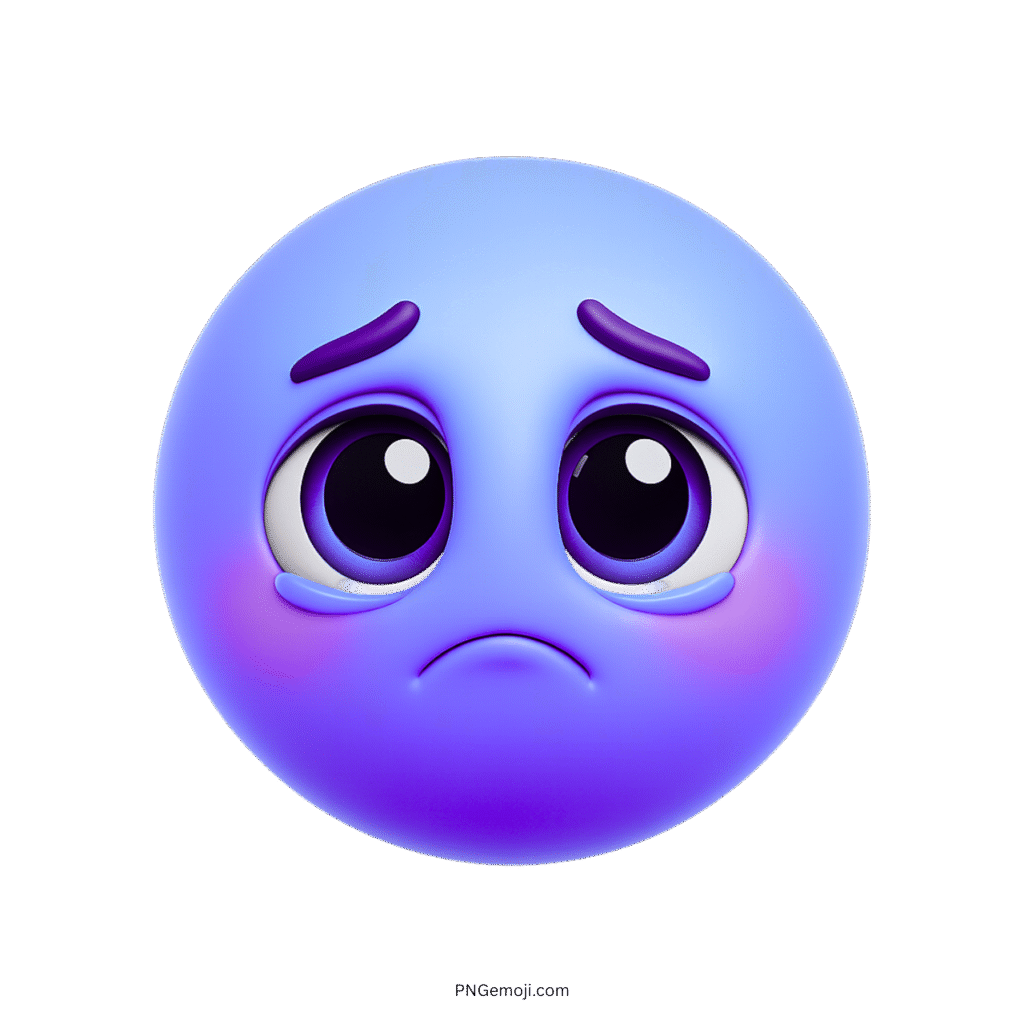 3D sad emoji with purple-blue face, big teary eyes and pout