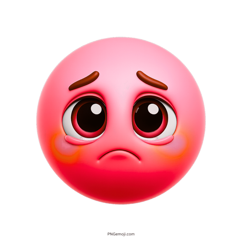 3D sad pink emoji with teary eyes and blushing cheeks expression