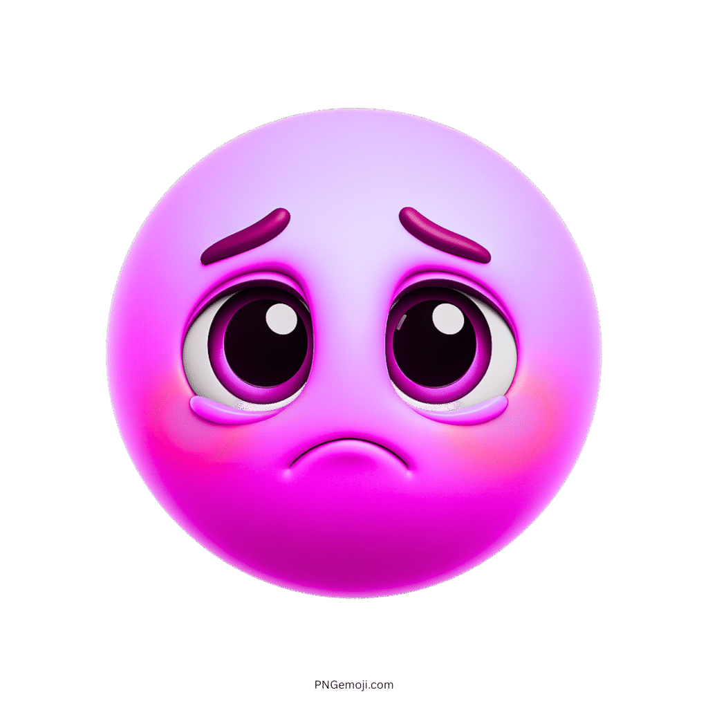3D sad purple emoji with glossy teary eyes and frowning face